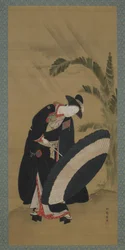 Estate: una giovane donna che apre un ombrello, periodo Edo, c.1772-80
